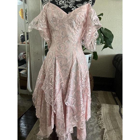 TD4 Dresses & Skirts - Vtg 80s Pink Fairycore Handkerchief Asymmetrical Hem Party Slip Dress small